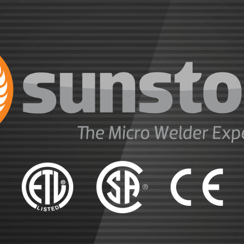Sunstone Welders showcasing ETL, CSA, and CE Certifications over a dark background.