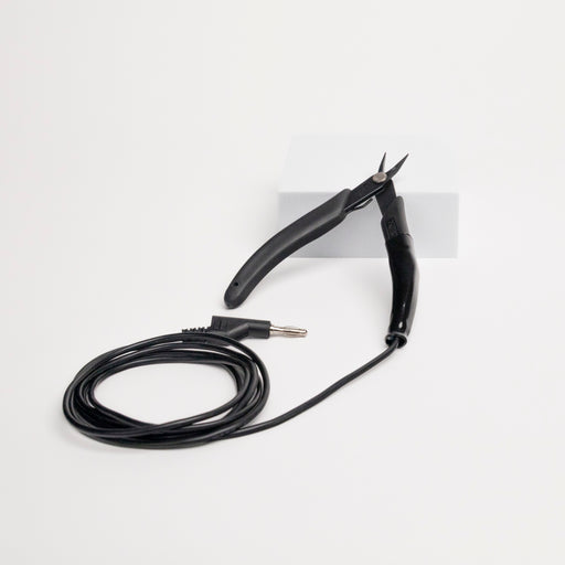 Grounded micro tipped pliers for permanent jewelry welding on a white background.