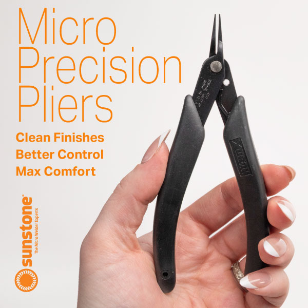 Micro precision pliers held in a hand with text about benefits on a white background