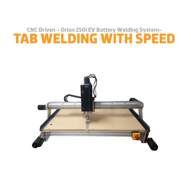 A CNC-driven Orion Omega 250i EV battery welding system with tab welding, shown on a white background with promotional text above. The cnc setup features a silver aluminum frame, a light wood worktable, and a black spindle assembly with visible cables.