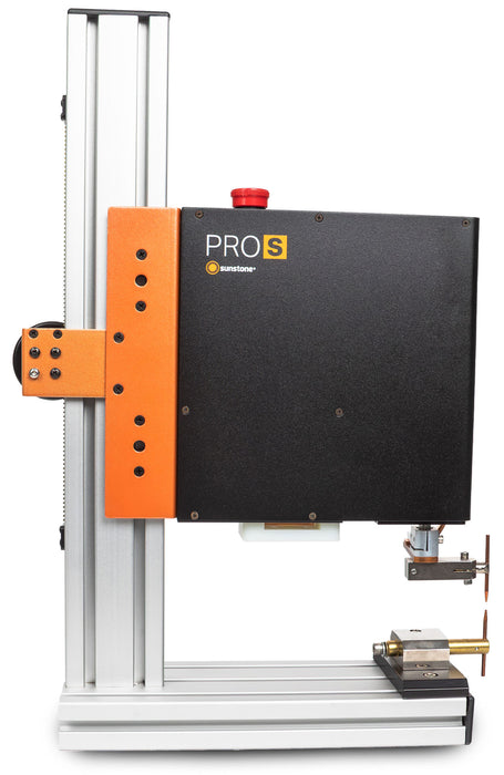 Orange and black PRO S Servo Weld Head  for opposed micro welding on a white background