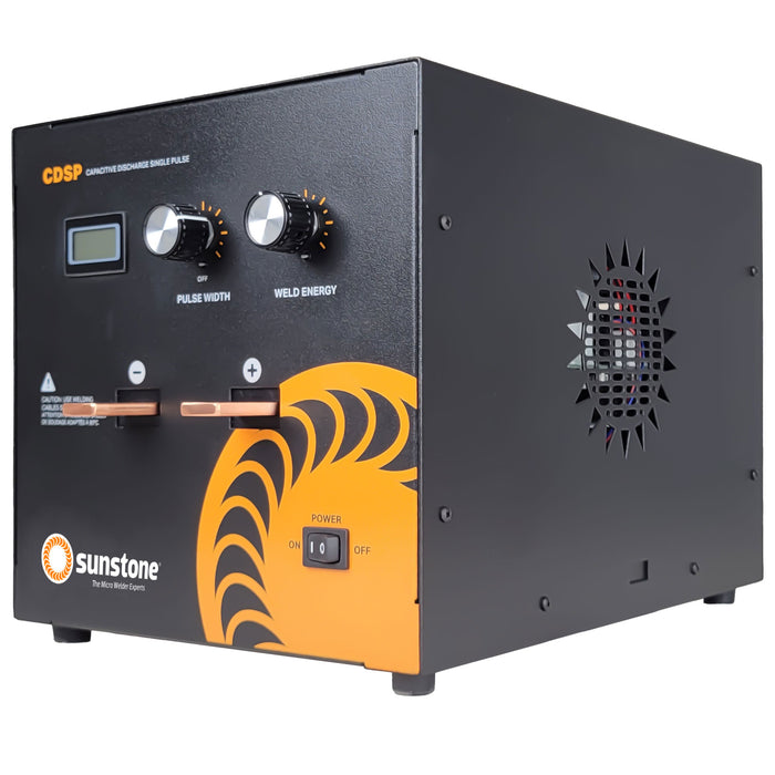 Resistance CD welding machine that uses fast single pulses of stored electricity in capacitors to weld.