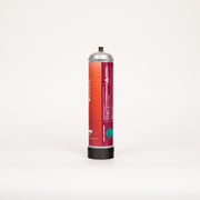 Cylindrical container with a red label on a white background