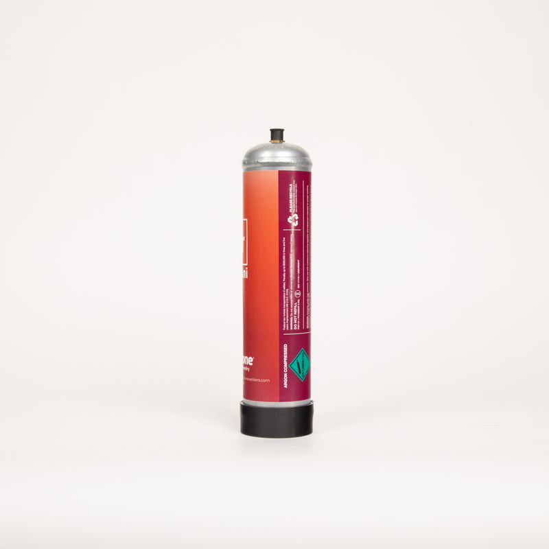 Cylindrical container with a red label on a white background